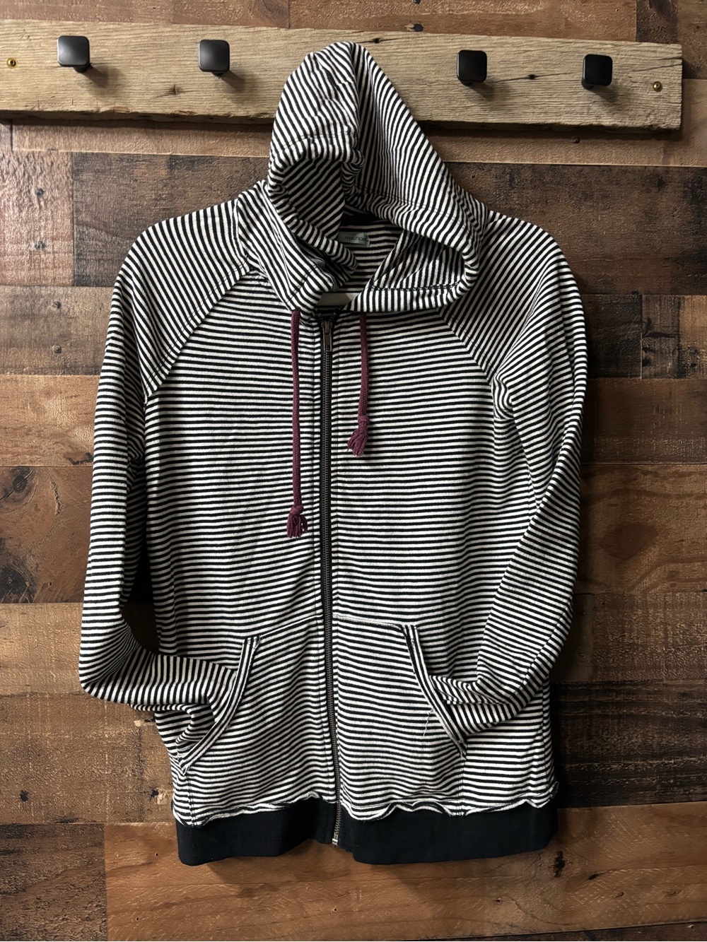 Maurices Black & White Striped Zip-Up Hoodie with Burgundy Drawcords